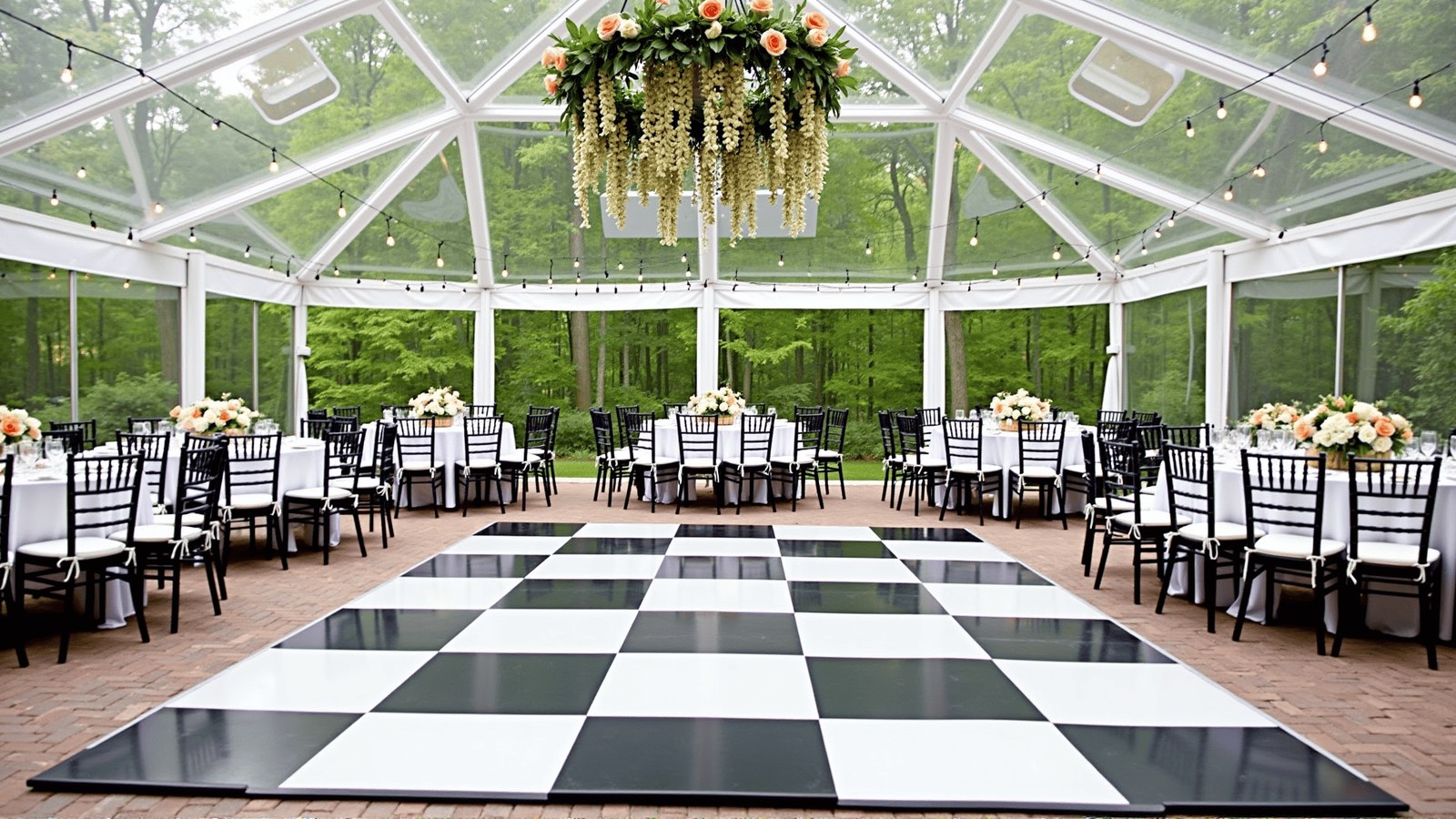Black and white checkerboard dance floor rental set up for a Denver wedding reception