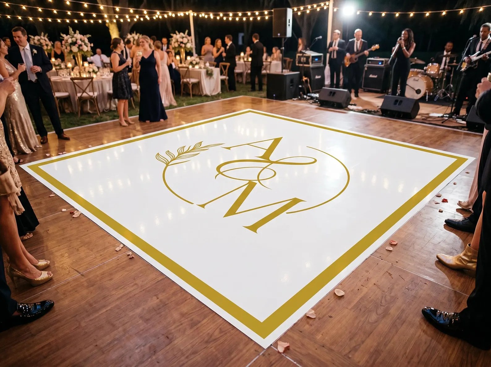 Custom printed vinyl dance floor design at a Denver wedding reception