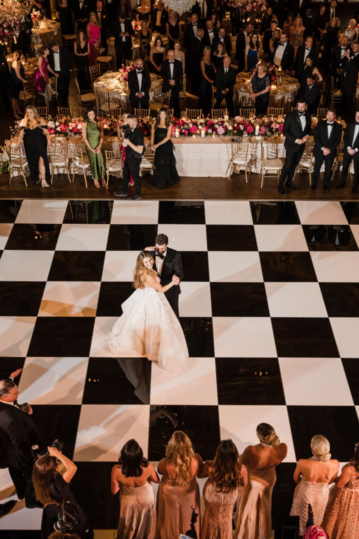 Checkerboard dance floor set up at a museum venue reception in Denver
